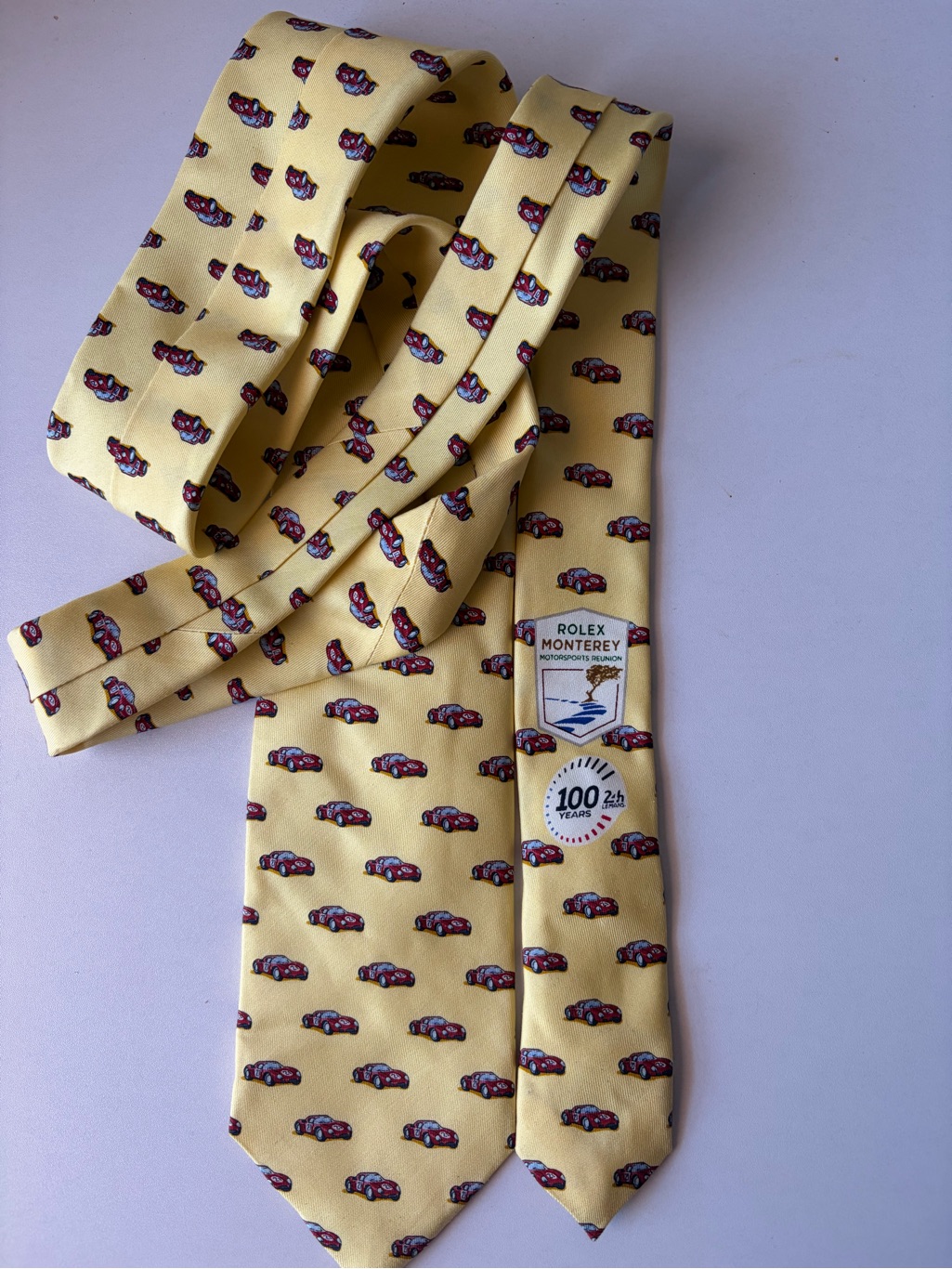 Rolex Yellow Silk Tie With Red Car Motif